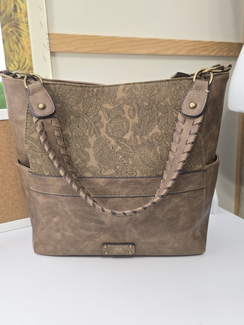 Via Luna Neutral Brown Embossed Tote Handbag